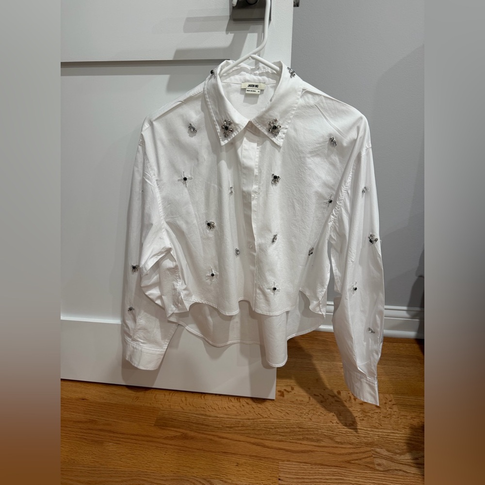 Jason Wu Shirt White M Crystal Jewel Embellished Cropped Button-up Blouse Top
